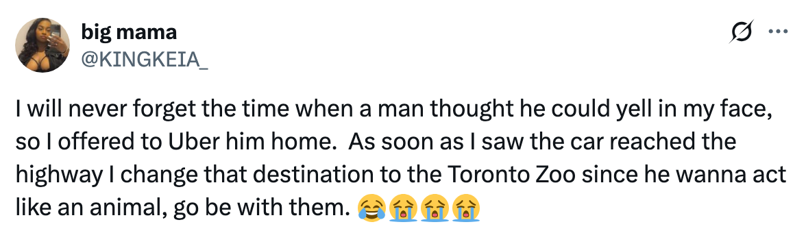 A humorous tweet about changing an Uber destination to the Toronto Zoo after an argument, implying the person behaved like an animal