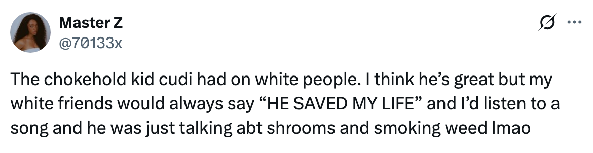 Tweet expressing surprise about Kid Cudi's influence on friends, referencing shrooms and weed