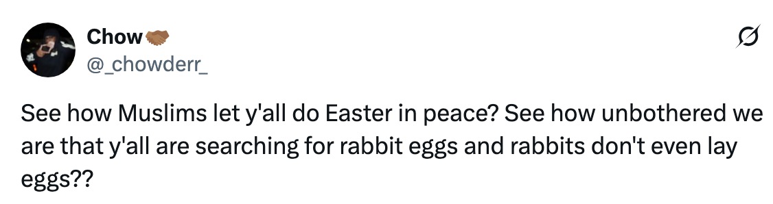 The text discusses how Muslims peacefully allow Easter celebrations and humorously notes the irony of searching for rabbit eggs