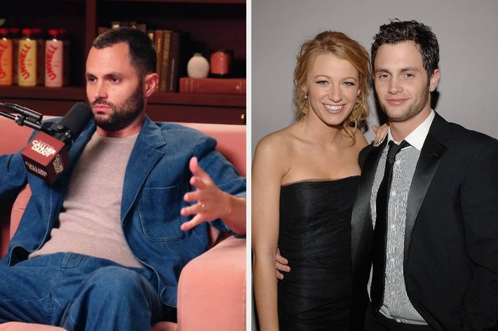 Left: Penn Badgley speaking on a podcast. Right: Blake Lively and Penn Badgley posing together at an event
