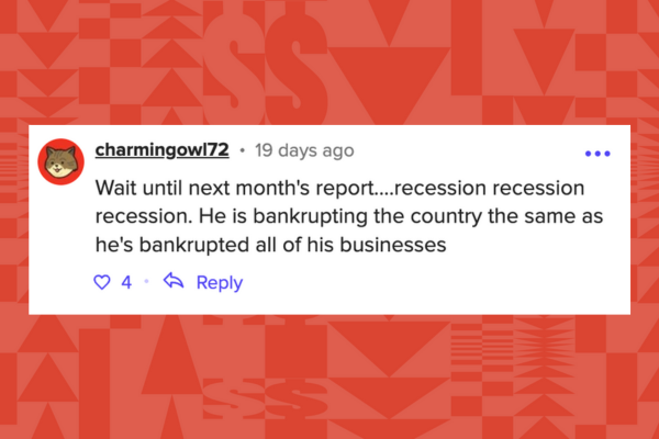 Comment by charmingowl72 criticizing someone's handling of the economy, comparing it to business failures