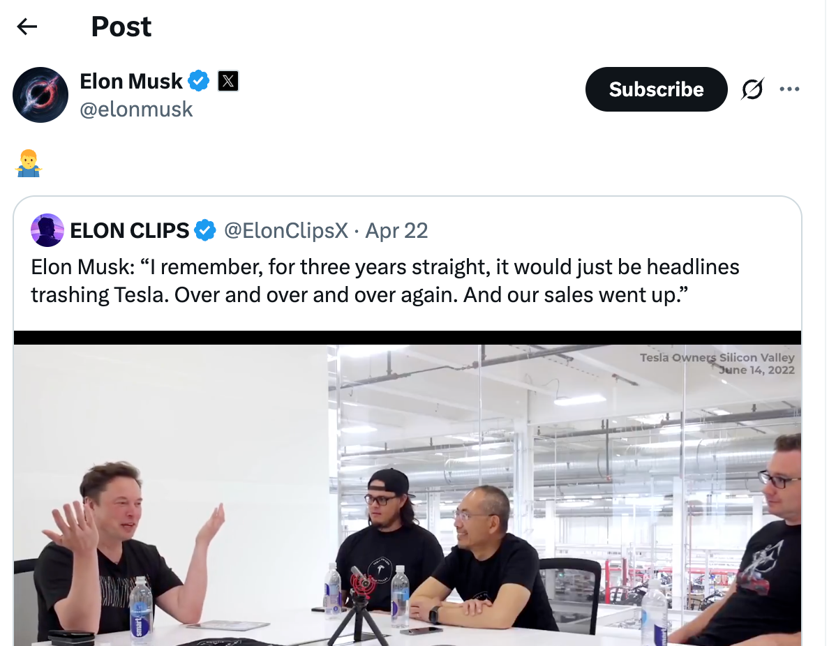 Screenshot of a tweet by Elon Musk sharing a video. The tweet mentions constant media criticism of Tesla and increased sales