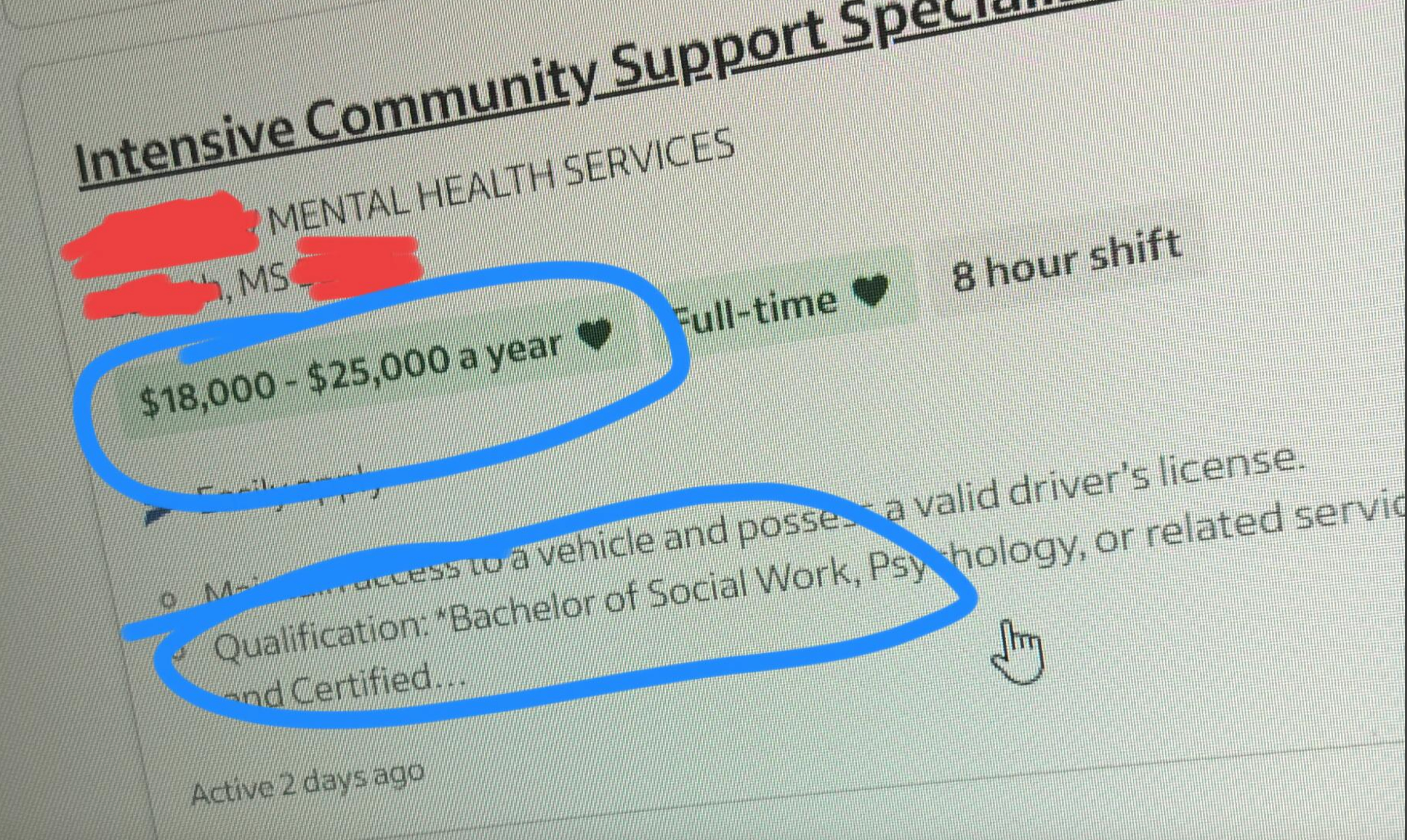 Job listing for an Intensive Community Support Specialist with an annual salary of $18,000-$25,000. Requires a relevant bachelor's degree
