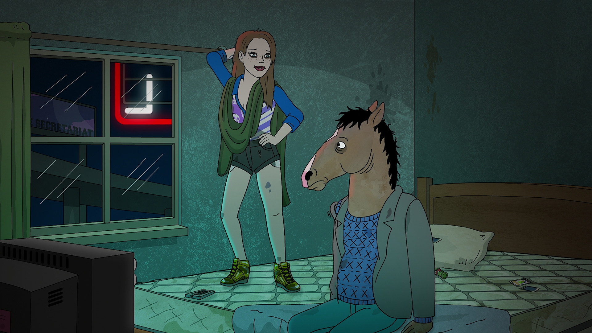 Sarah Lynn and Bojack from "Bojack Horseman" together inside a motel room, Sarah Lynn stands on the mattress.