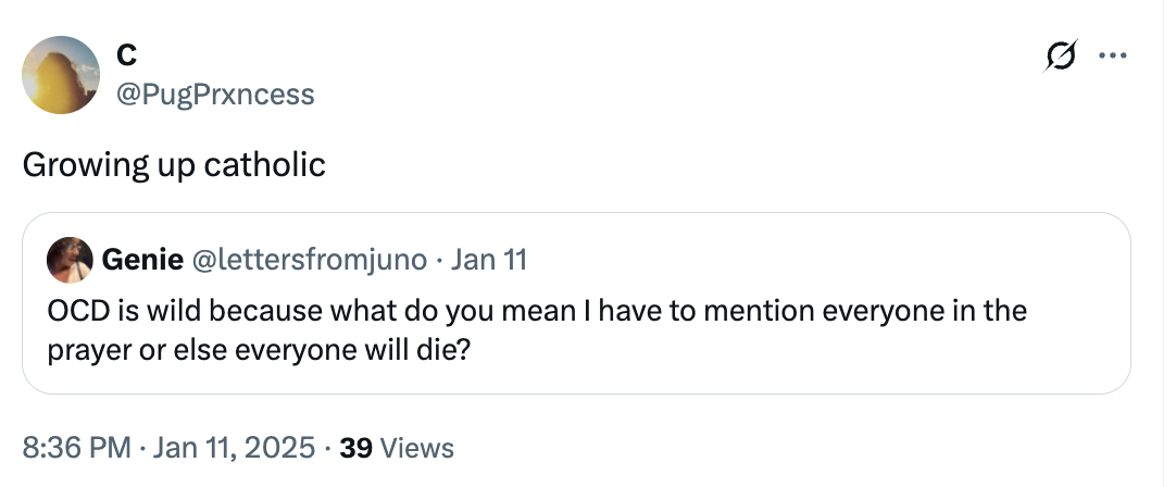 Tweet discussing a humorous take on growing up Catholic with a reply linking OCD tendencies to Catholic prayer habits