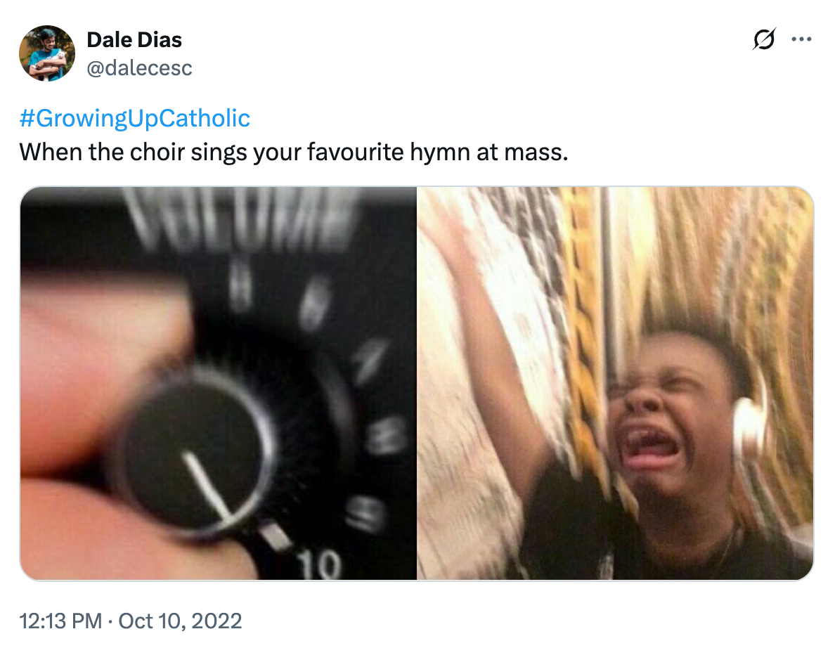 Split image: left shows a hand turning up volume; right shows a person excitedly singing with headphones. Caption jokes about enjoying a hymn at mass