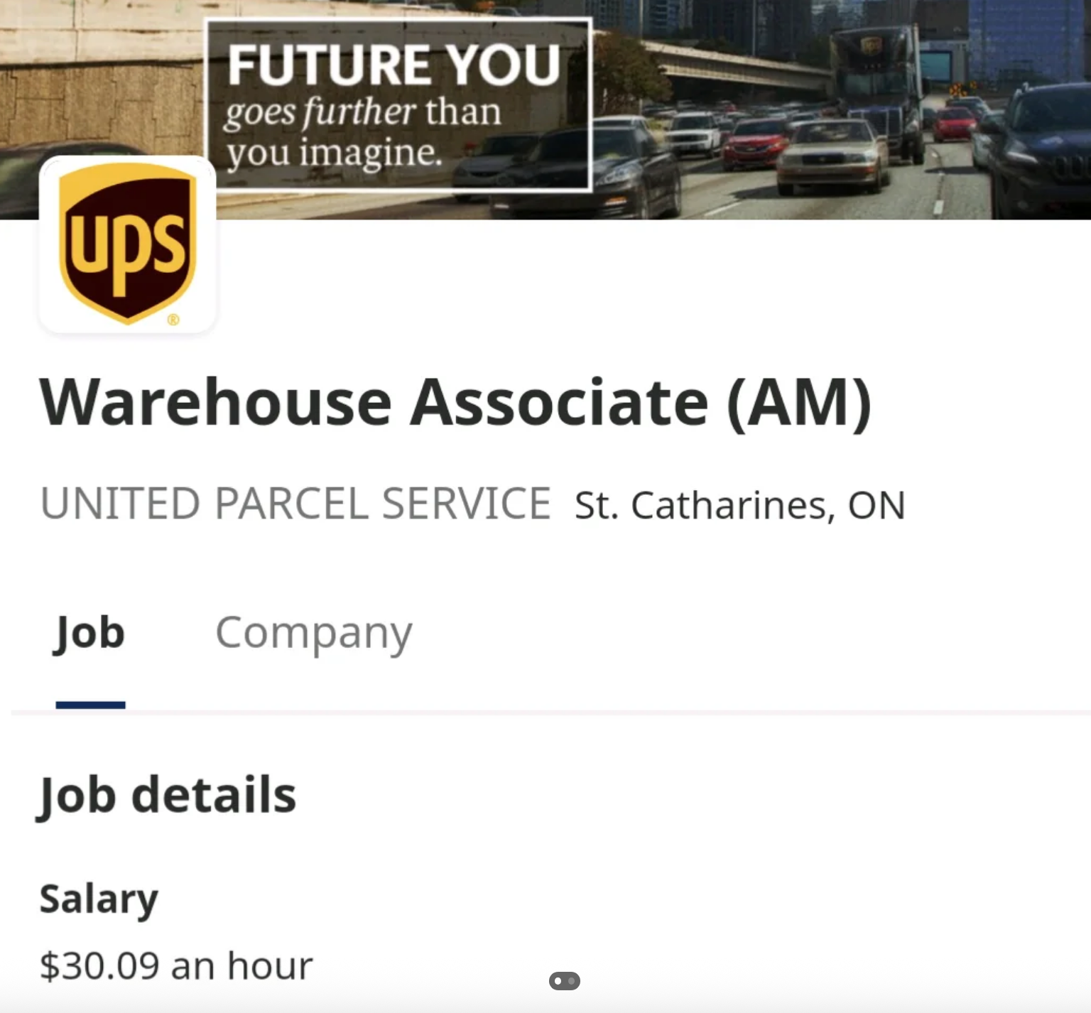 Job listing for UPS Warehouse Associate (AM) in St. Catharines, ON. Salary: $30.09/hour