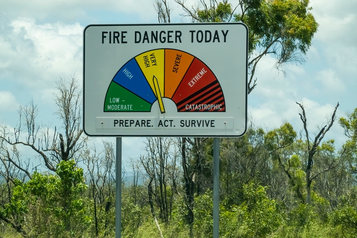 Fire danger sign showing levels: low-moderate to catastrophic. Current level is extreme. Text reads: &quot;Prepare. Act. Survive.&quot; Trees in the background