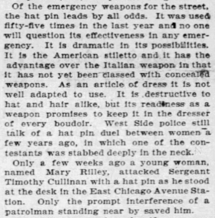 Newspaper article discussing the rising popularity and potential dangers of the hat pin as a self-defense weapon, citing recent incidents