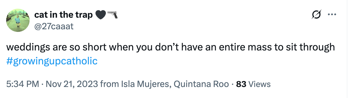 Tweet jokes about short weddings without a full mass, using #growingupcatholic