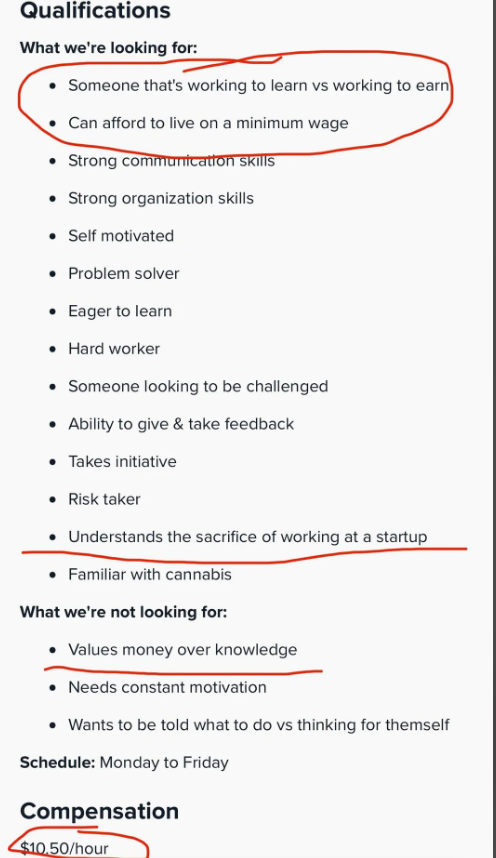 Job qualifications include self-motivation, leadership, sacrifice, and startup experience. Seeking knowledge-seekers, not those who prioritize money. $0.50/hour wage