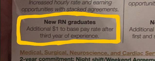 Text highlights incentives for new RN graduates, noting an additional $1 to base pay rate after the third year of experience