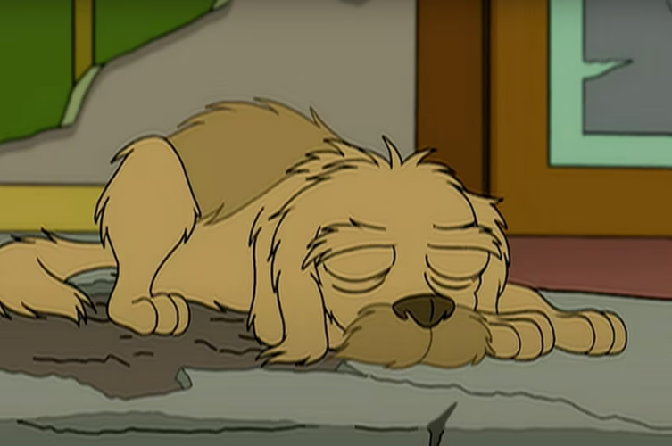 Seymour (Fry's dog from "Futurama") sits with his eyes shut on the side of the road, looking old and frail