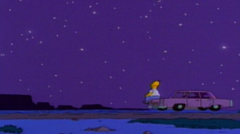 Homer Simpson looks at starry night sky while sitting on a car hood in a quiet, open landscape