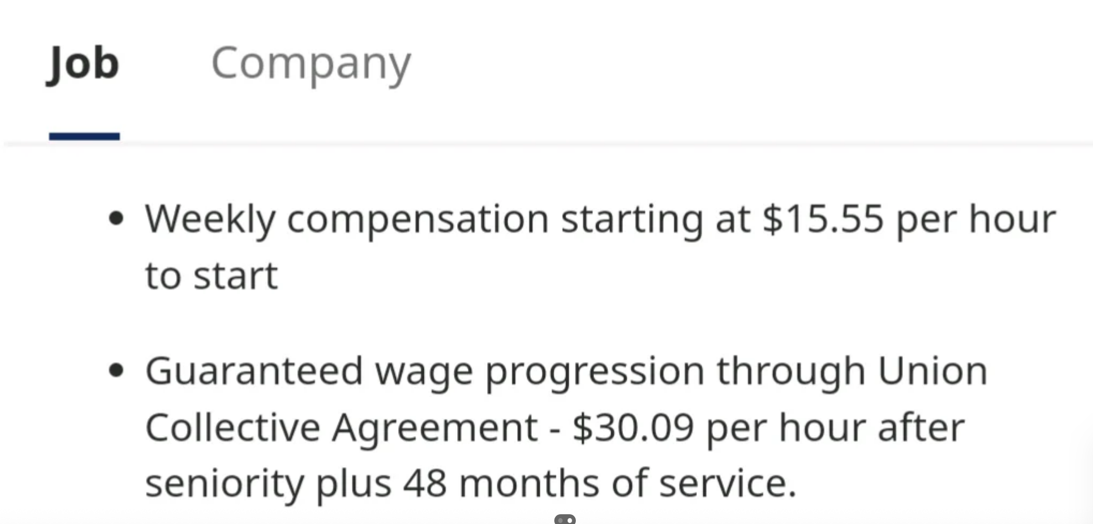 Job listing: Starts at $15.55/hr. Wage increase to $30.09/hr after 48 months via Union Collective Agreement