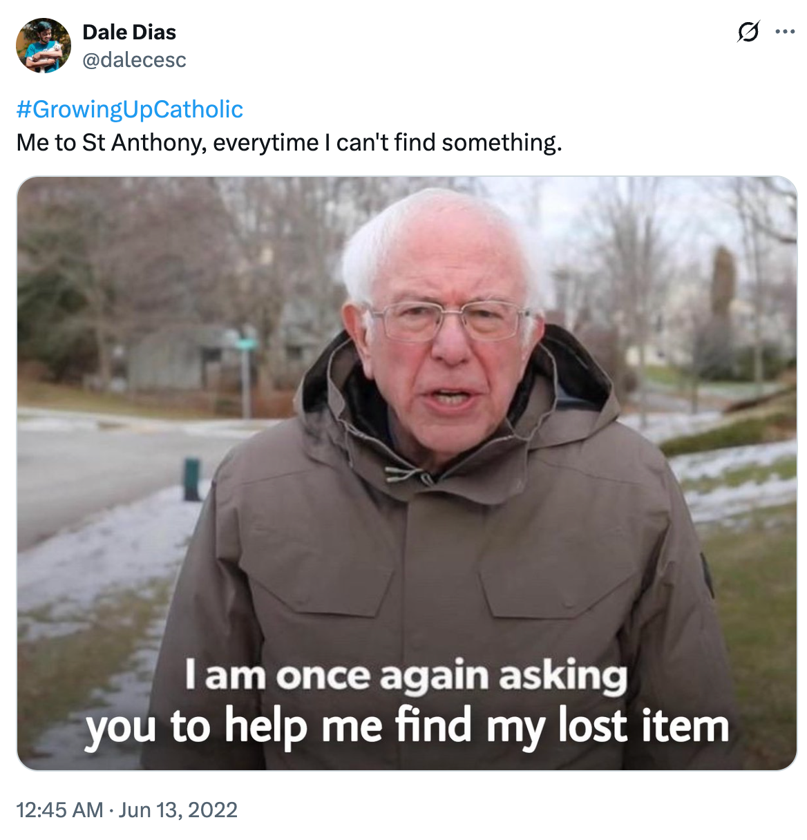 Man outside wearing a winter coat with text overlay about asking St. Anthony to help find a lost item