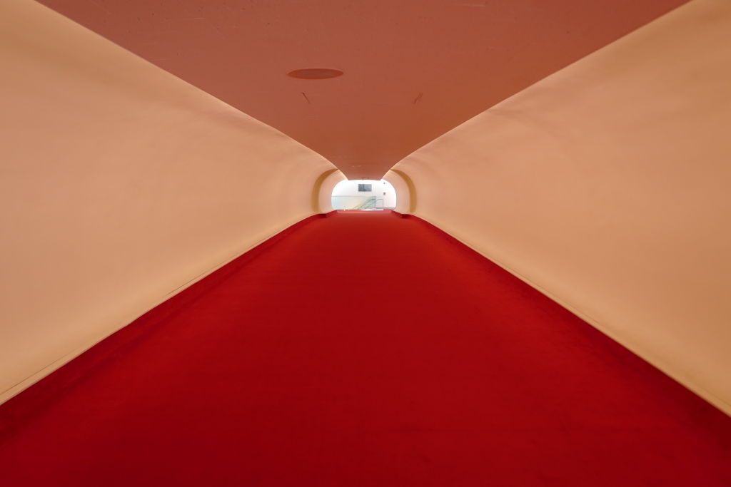 Long, red-carpeted hallway with a tunnel-like, curved ceiling leading to a bright white opening in the distance