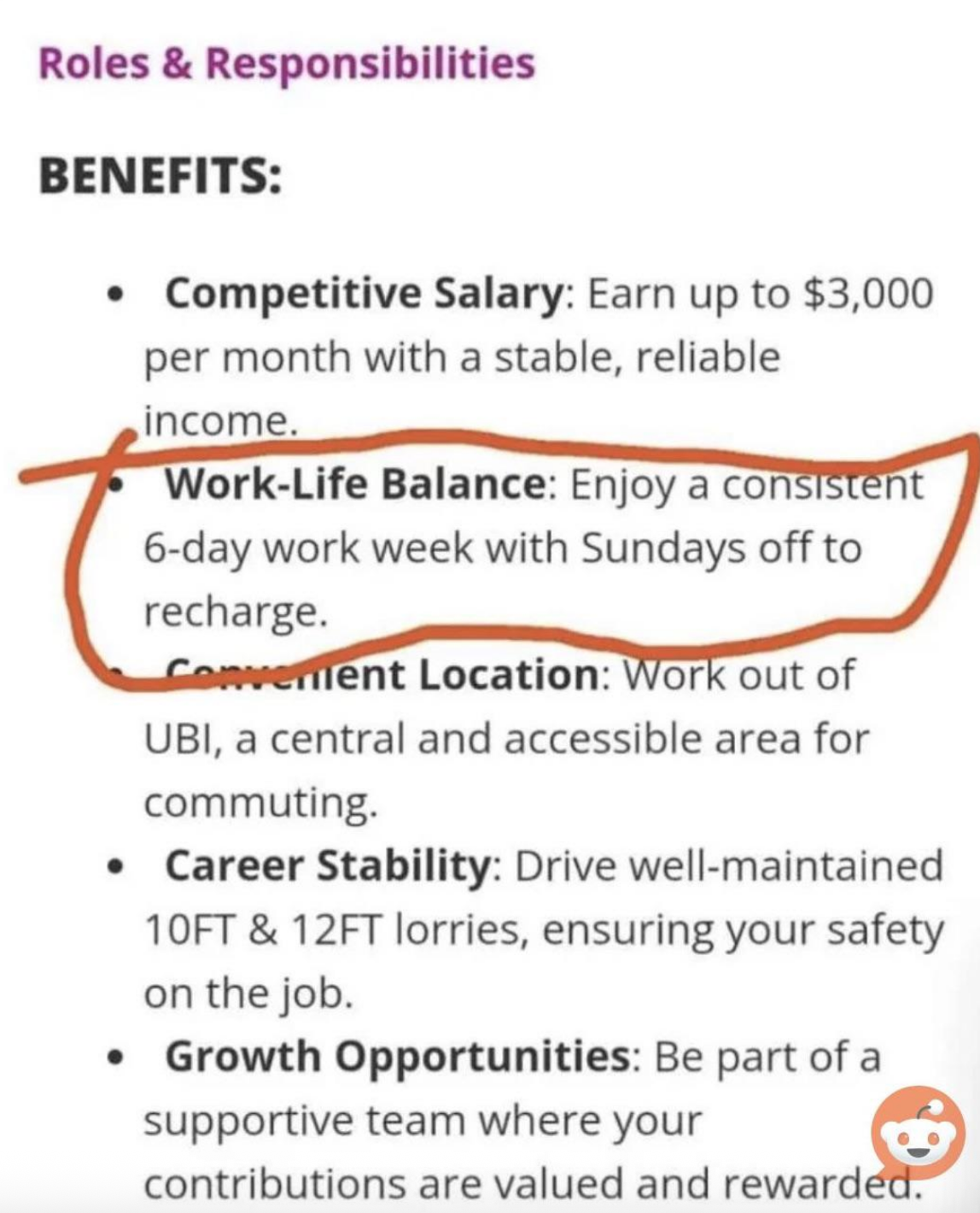 Text describing job benefits, highlighting a 6-day work week with Sundays off