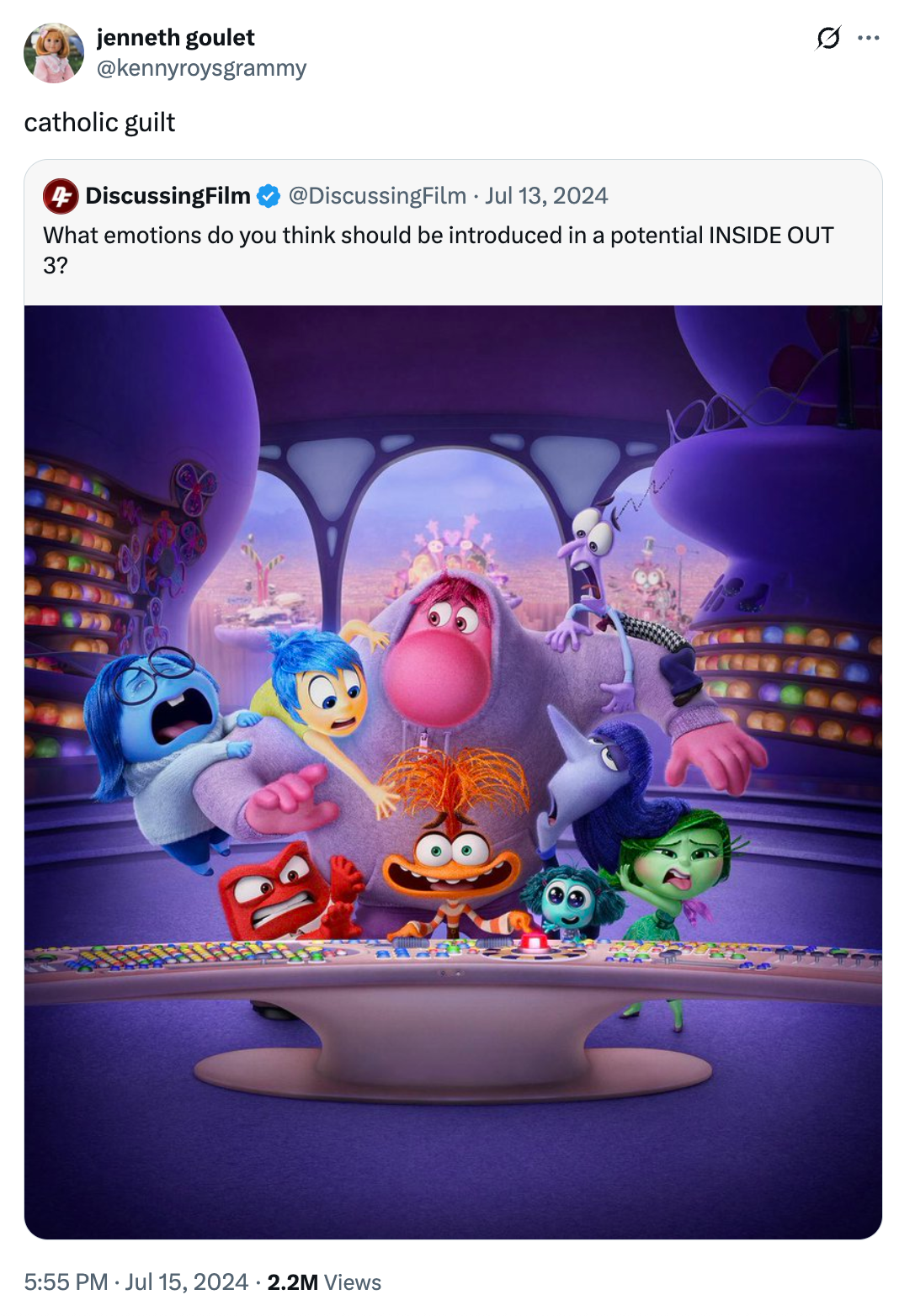 Screenshot of a tweet by DiscussingFilm, asking about new emotions for Inside Out 3, with Inside Out characters in the image