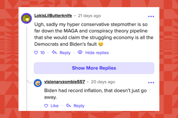 Online exchange discussing political views and economic issues, including inflation and blame on political figures