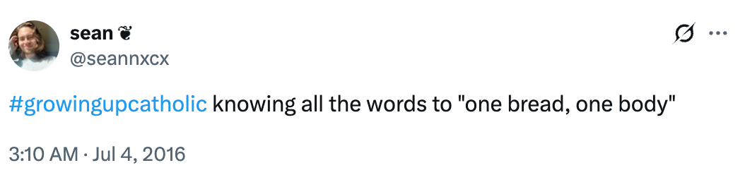 Tweet by user about knowing hymns, highlighting #growingupcatholic