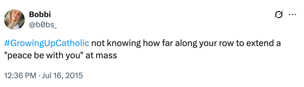Tweet by user @b0bs about the uncertainty of exchanging peace during Catholic mass; tagged #GrowingUpCatholic