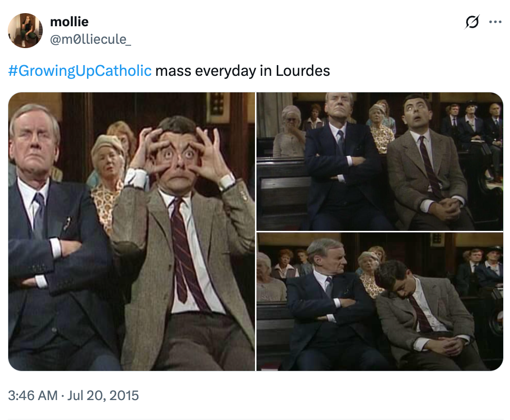 Three images of a comedy character humorously mimicking boredom or exhaustion during a church service, with people seated around him