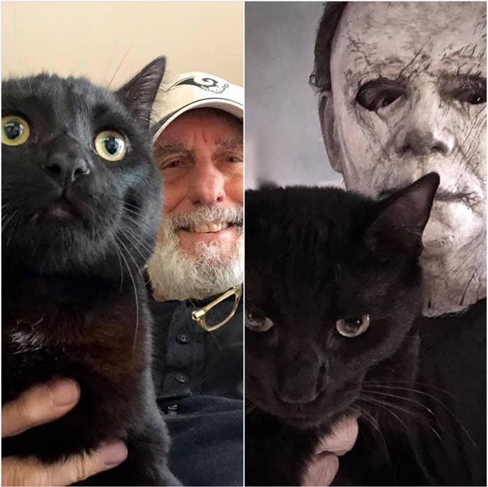 Man with a black cat on the left. On the right, a person in a masked costume holds the same cat