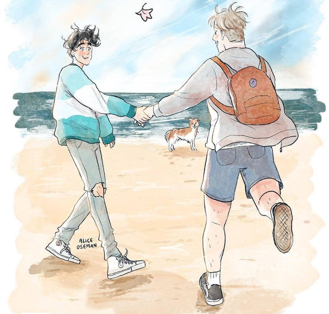 Ilustración de dos jóvenes tomados de la mano, corriendo en una playa junto al mar. Un perro está cerca y arriba se lee "8 years of Heartstopper"