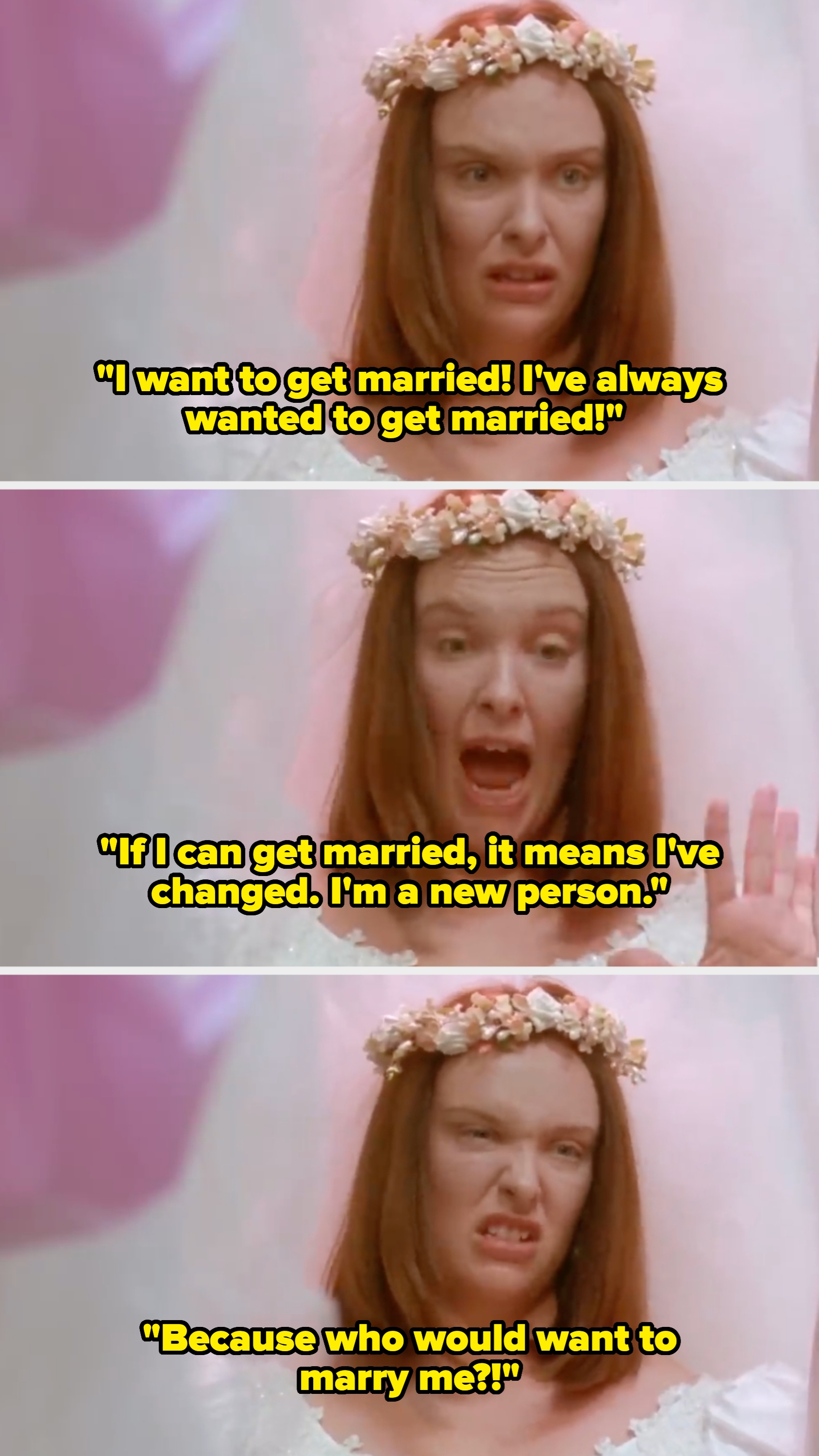 A person in a wedding dress and floral crown makes exasperated and surprised faces in three sequences, expressing a range of emotions