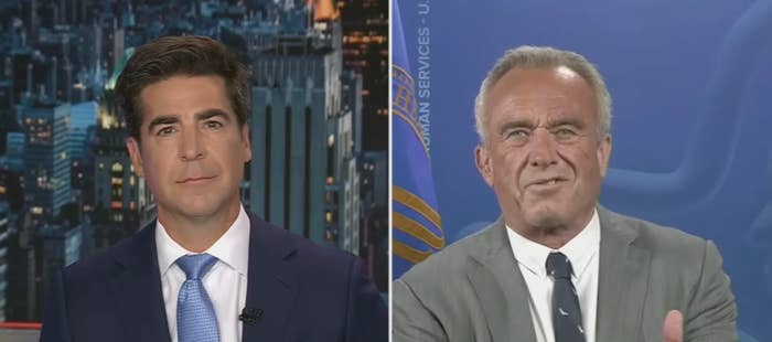 Two men in suits are speaking side by side on a split TV screen, each in different settings