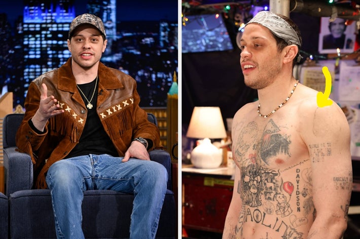 A person in a fringed brown jacket and cap on a talk show; same person shirtless showing tattoos backstage