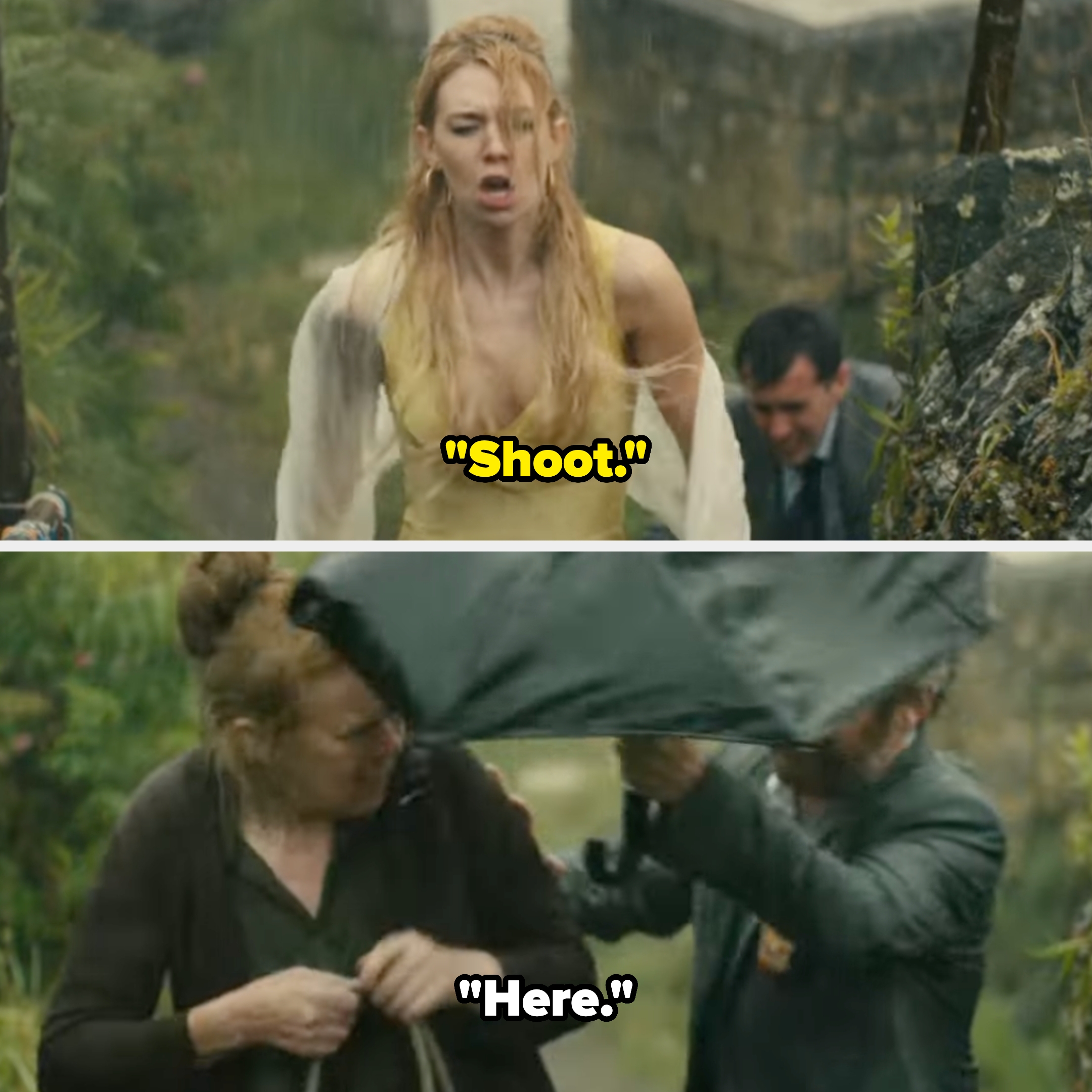 Two scenes from a wedding under heavy rain: a woman in a wet dress looks distressed, while an older couple struggles with an umbrella