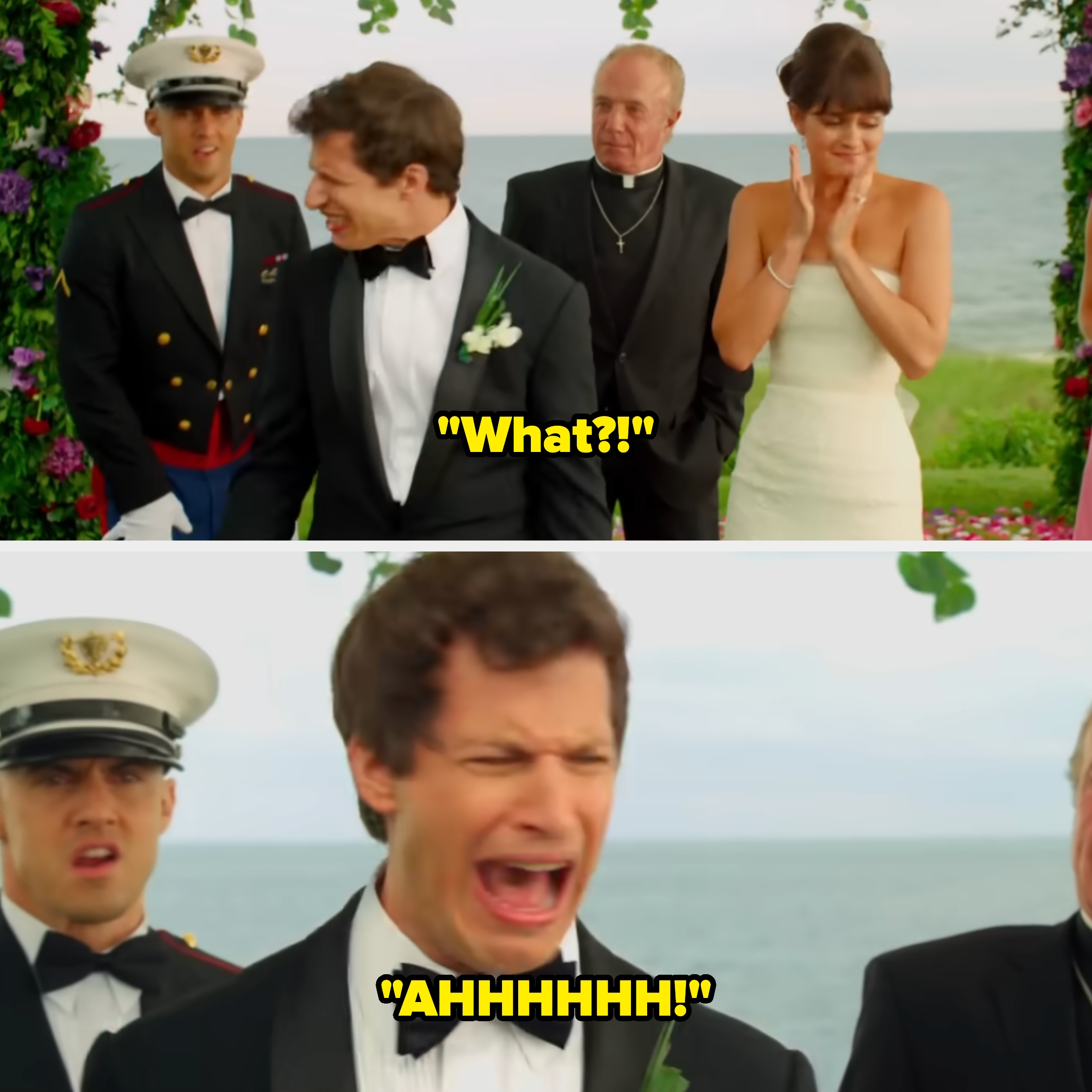 A wedding scene with a couple in formal attire near the ocean. The groom looks surprised and emotional as he yells