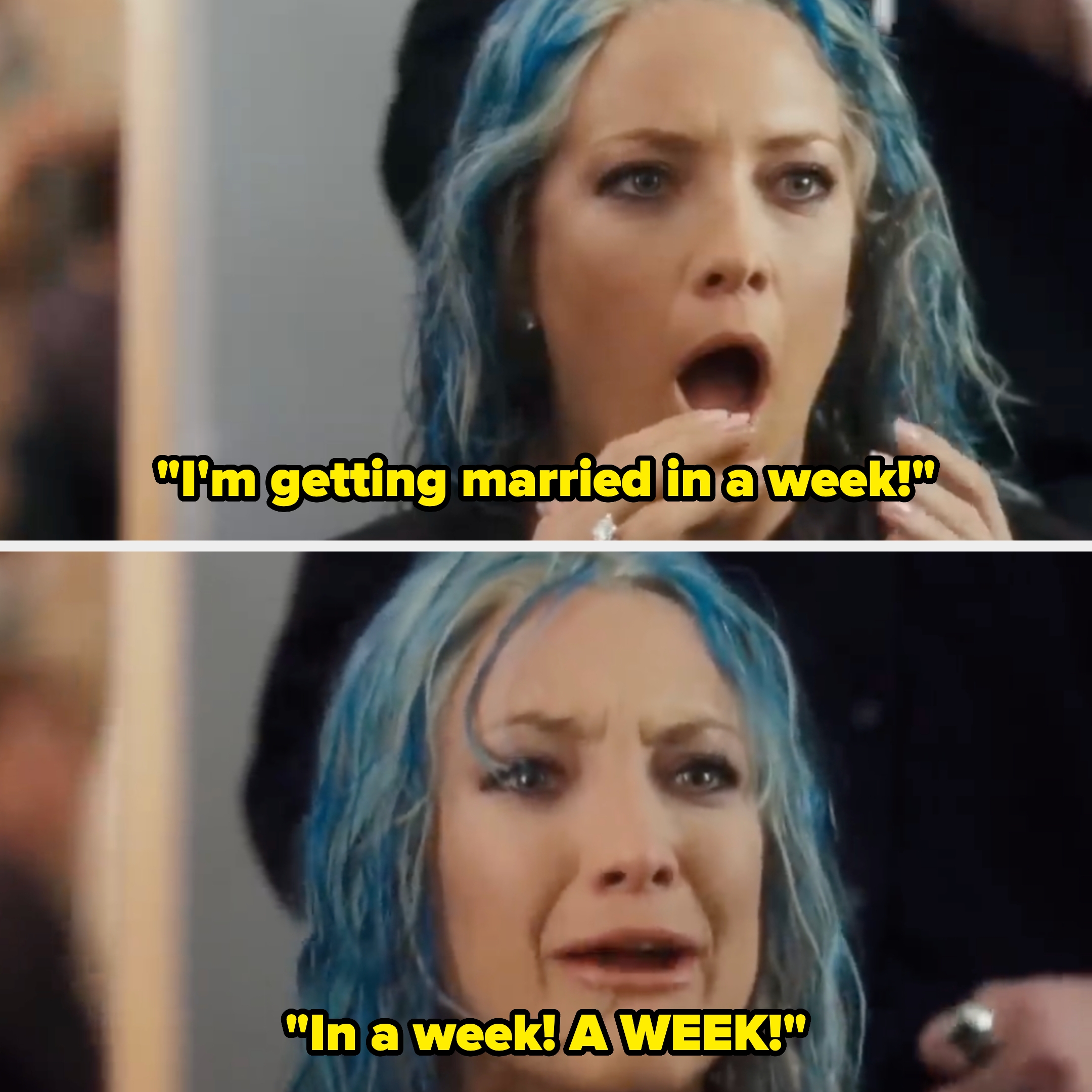 Two image frames show a surprised and then emotional woman with wet hair. She appears shocked and upset as she reacts to her hair dye job gone bad before her wedding