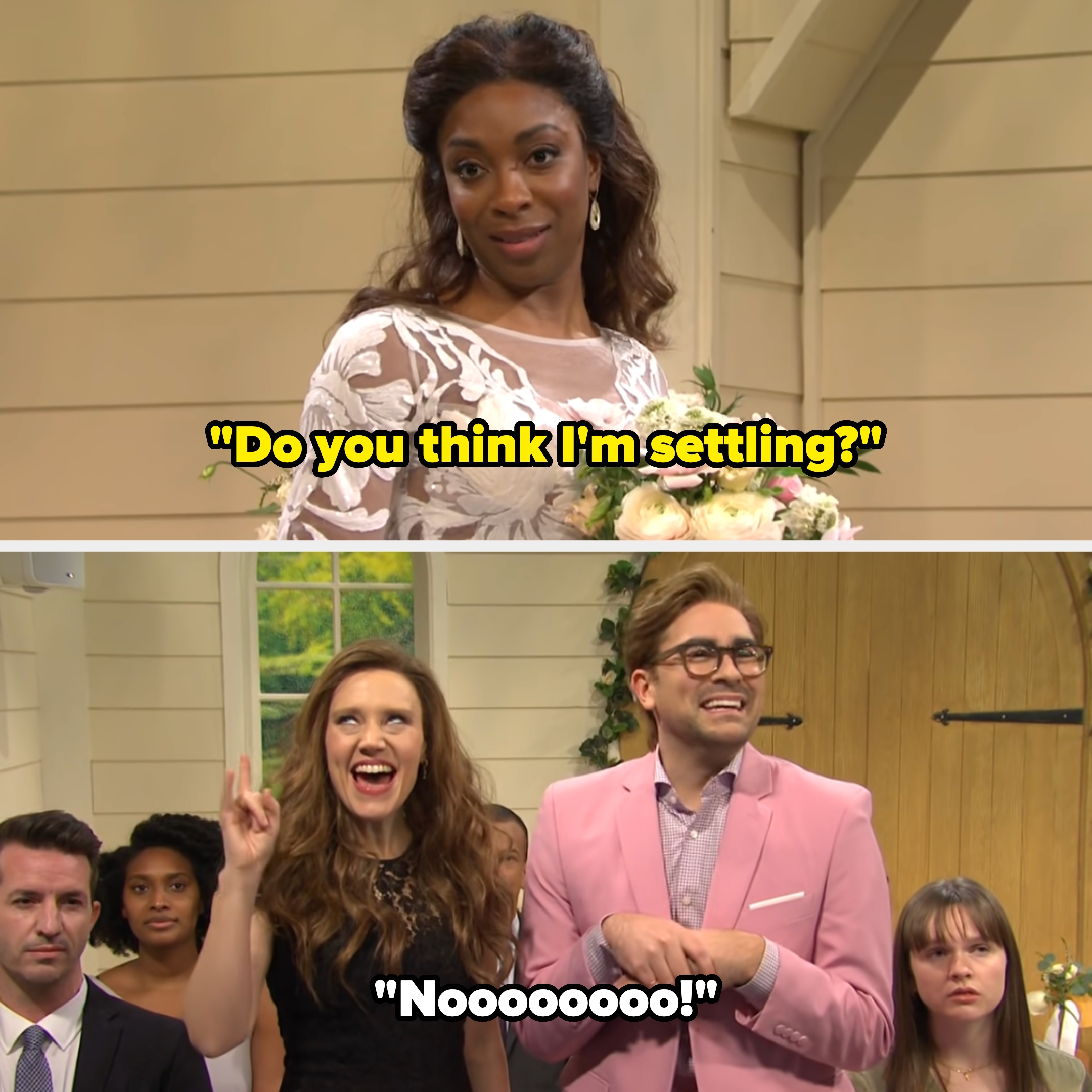Top: Person in a floral lace dress holding flowers at the altar. Bottom: two people at a wedding, one woman excitedly raising two fingers, next to a man in a pale suit