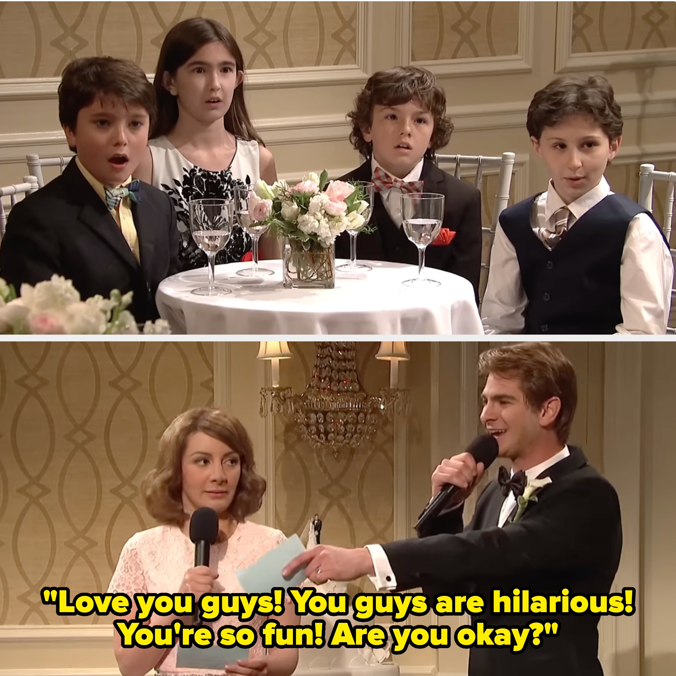 Children at a table with surprised expressions; a couple on stage speaking into microphones during a wedding event