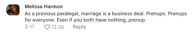 Comment by Melissa Harmon: Advocates for prenuptial agreements for everyone, likening marriage to a business deal, even with no assets