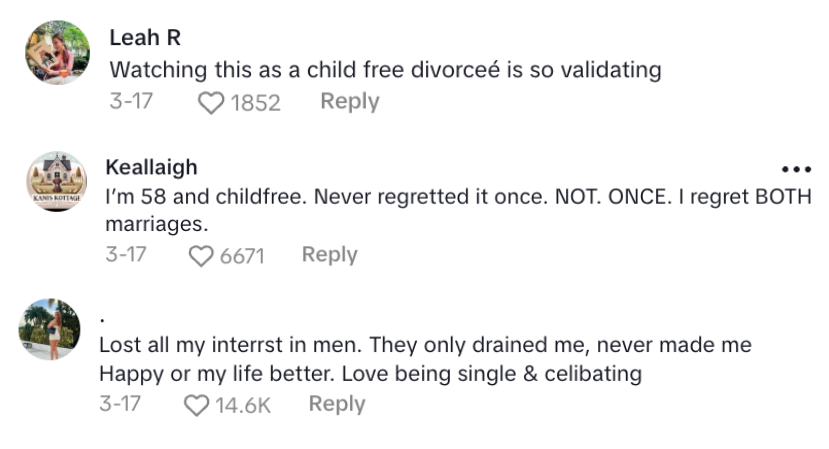 Comments celebrating childfree and single life, noting no regrets about not having children and the benefits of being single