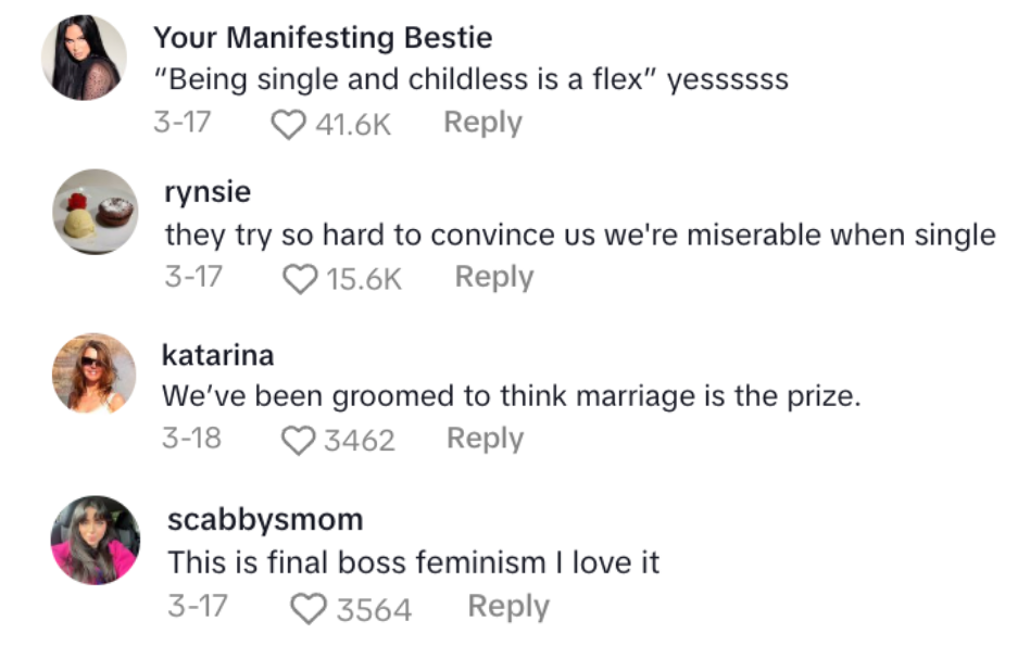 Social media comments discussing being single and childless, with supportive and empowering messages about independence and feminism