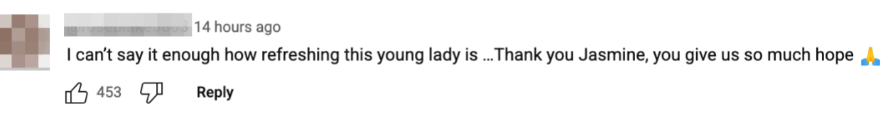Comment praising Jasmine for being refreshing and hopeful, with 453 likes and prayer emoji