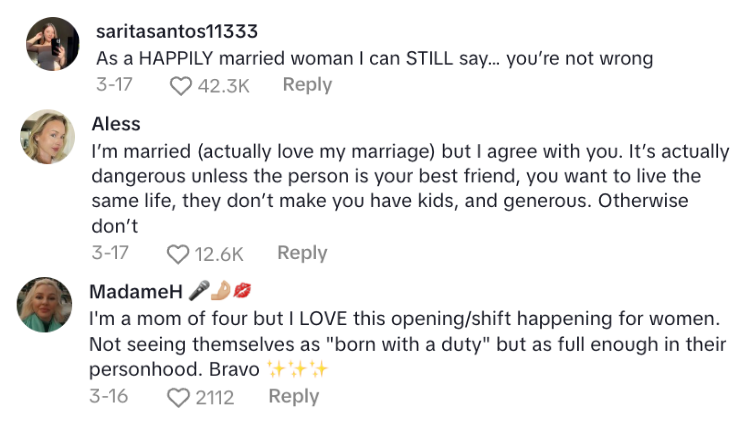 Comments on a post celebrating women's empowerment in relationships, discussing marriage, friendship, and self-fulfillment