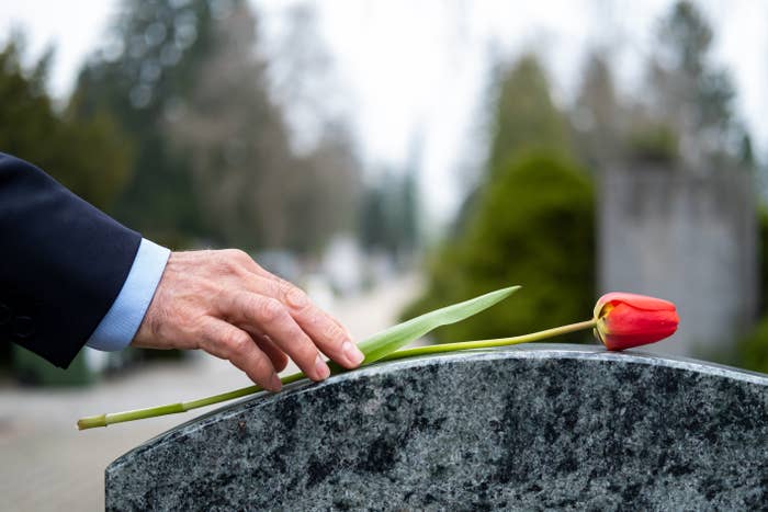 A hand gently places a single tulip on a gravestone in a serene cemetery setting
