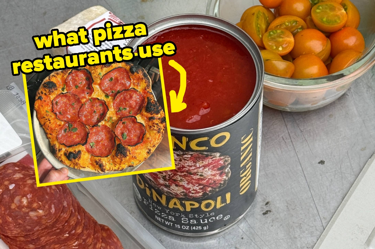 Large can of tomato sauce beside cherry tomatoes, sliced pepperoni, and pizza. Text: "what pizza restaurants use."