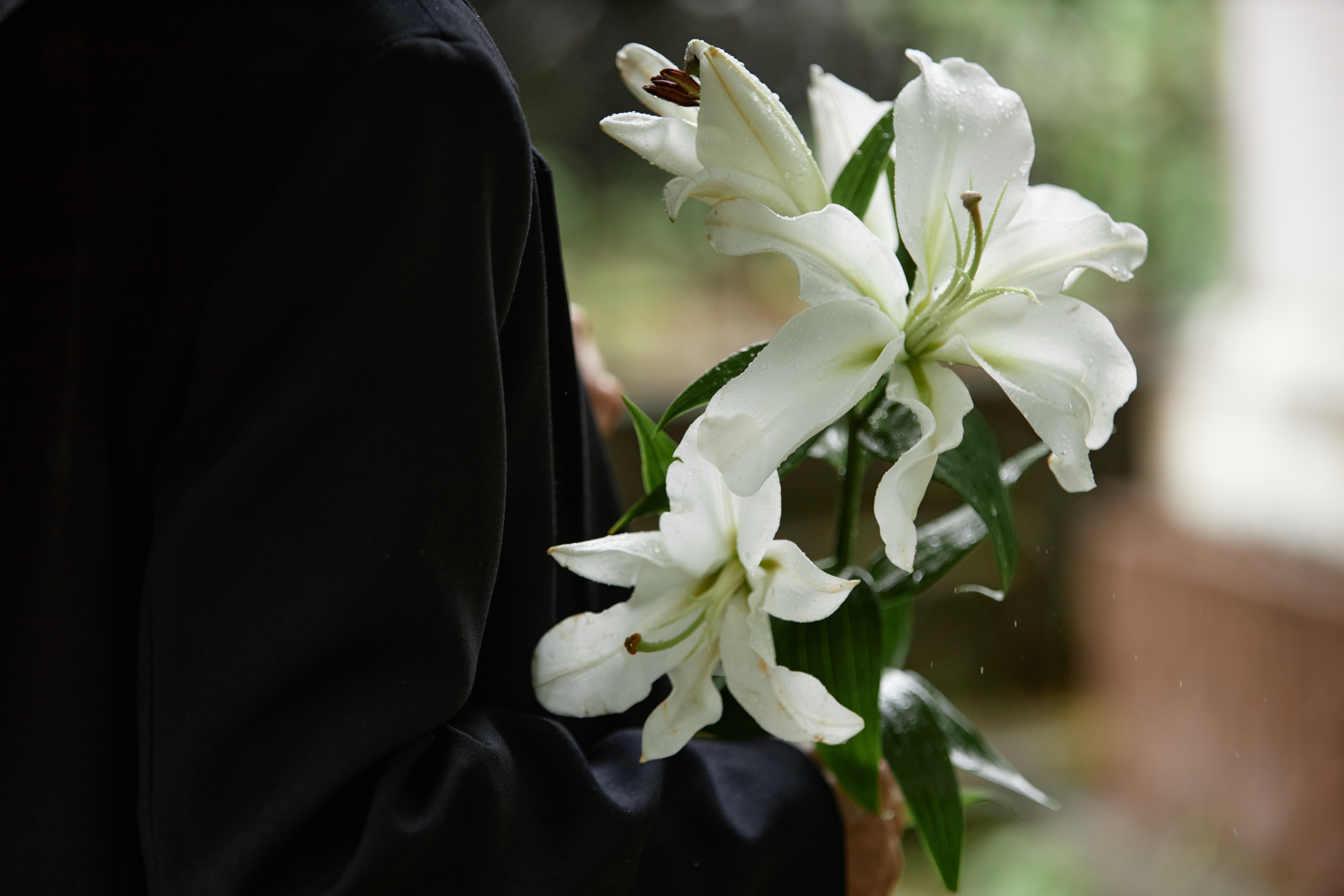 Person holding a bouquet of white lilies, viewed from behind, with a blurred outdoor background