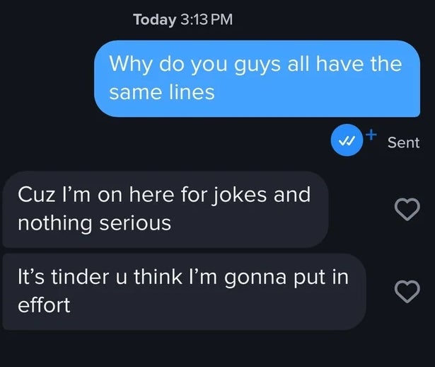 A Tinder chat with a person expressing feeling down, the other asking about similar lines, replying they're only on the app for jokes