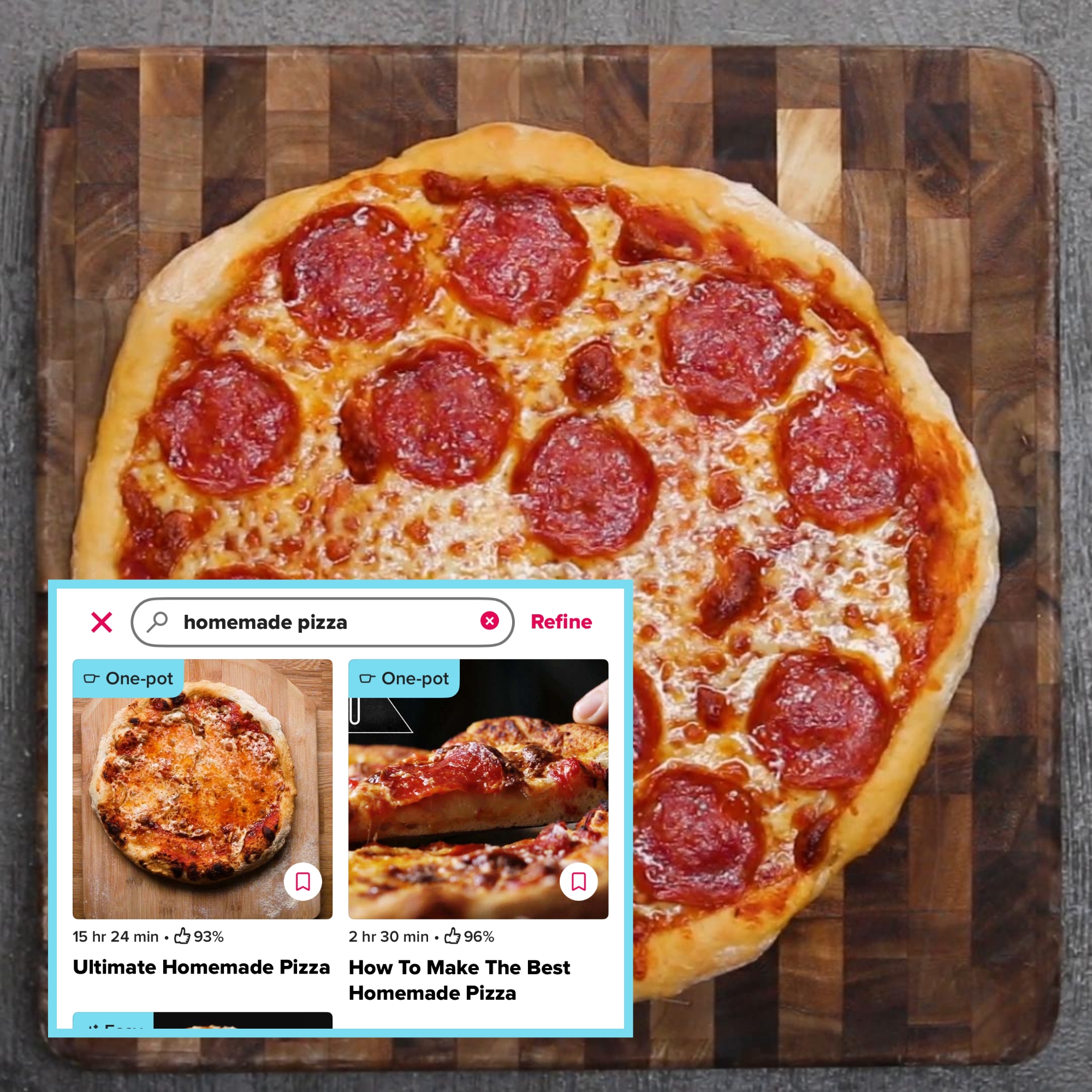 Pepperoni pizza on a wooden board, showcasing a classic arrangement of pepperoni slices atop melted cheese and a crispy crust