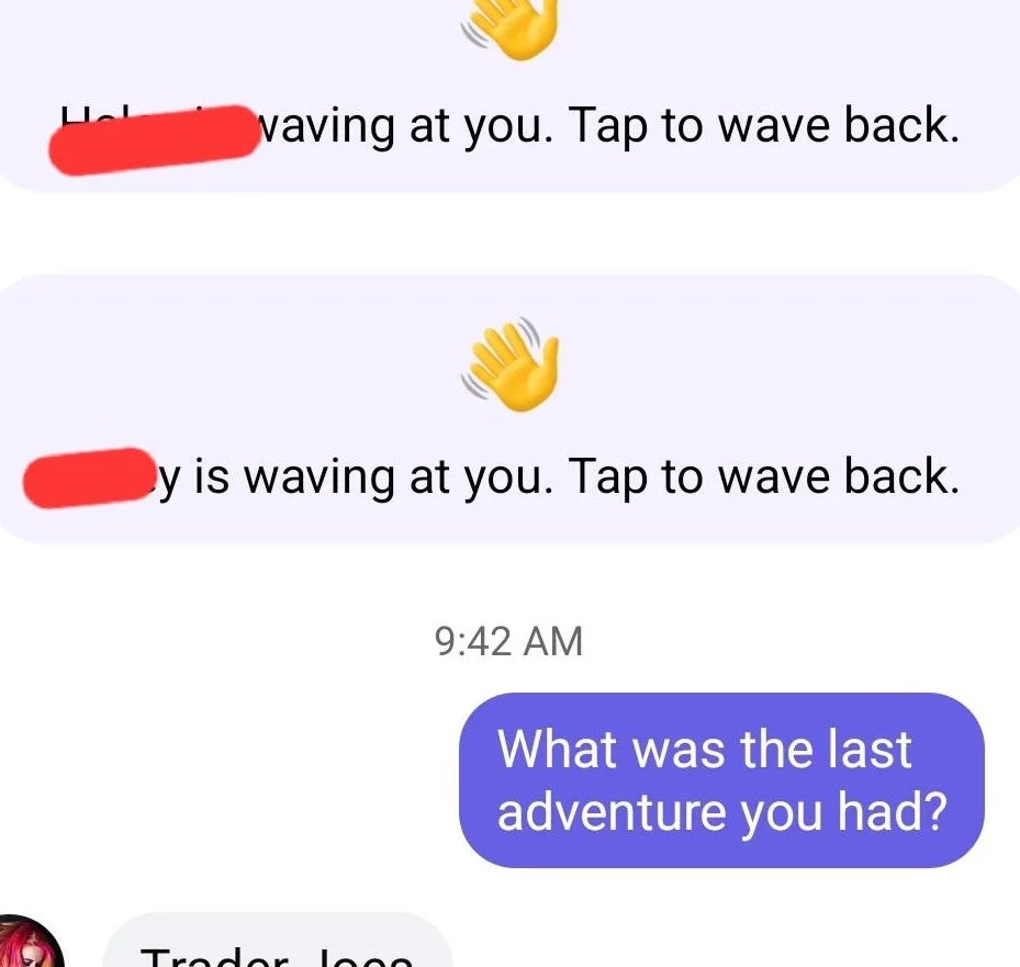 Messaging app screenshot showing people waving with prompts to wave back. Conversation about past adventures mentions Trader Joes