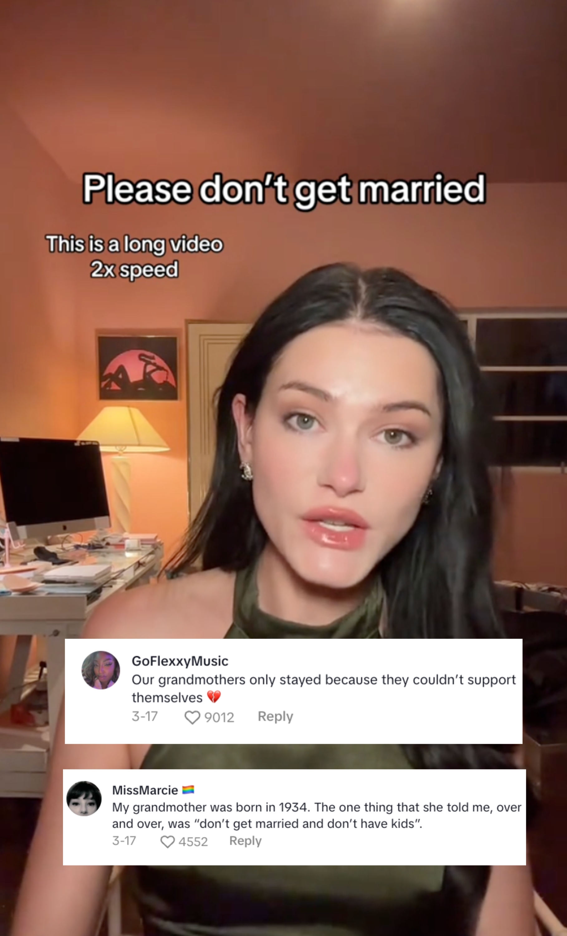 Person i grønn halter-hals topp i en video. Tekst på bilde: & quot; Vennligst ikke gifte deg. Dette er en lang video 2x hastighet. & Quot;