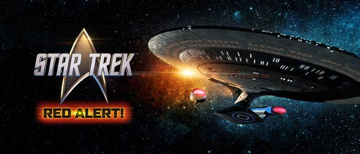 "Star Trek: Red Alert!" text beside a starship cruising through space, with the galaxy in the background